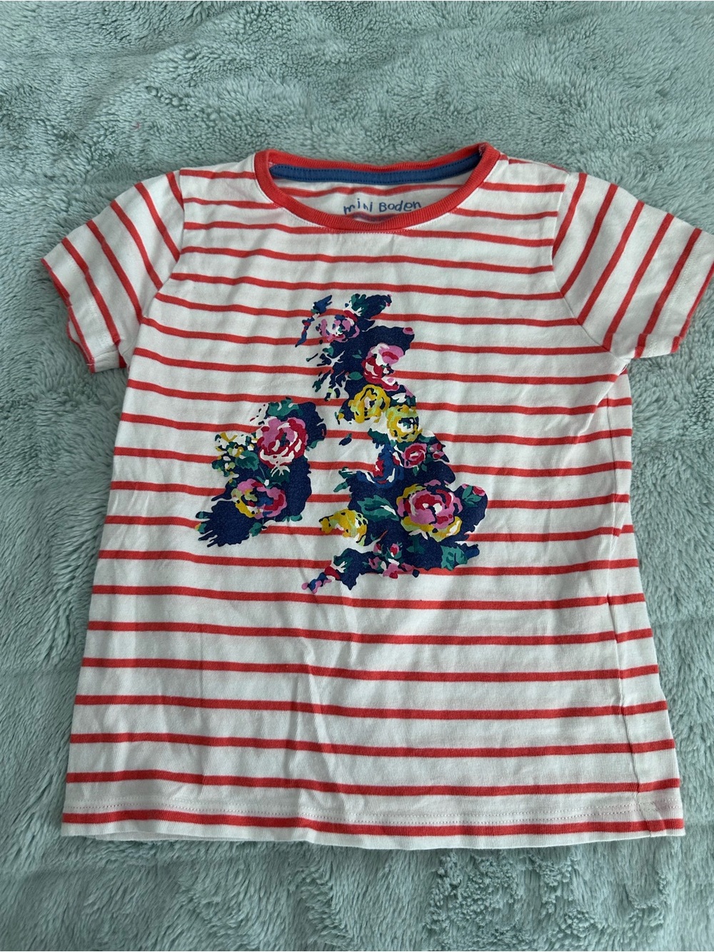 Mini Boden White Tee with Red Stripes and Floral Great Britain map Motif